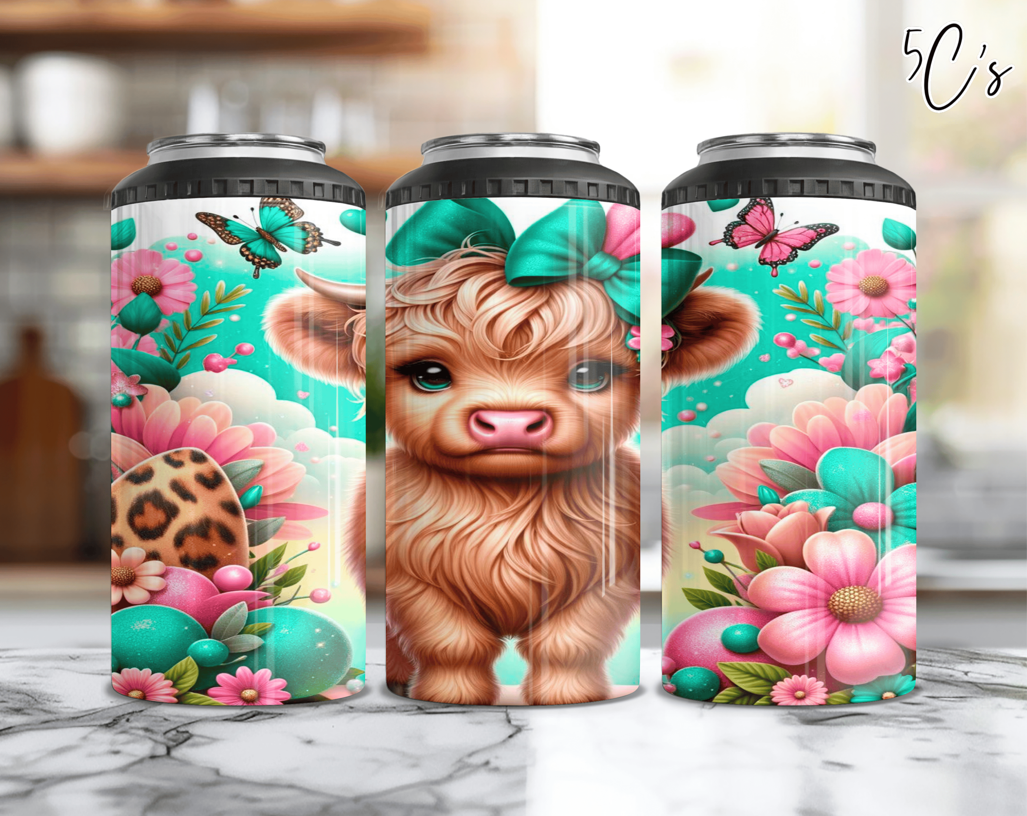 Floral Baby Highland Cow Can Cooler