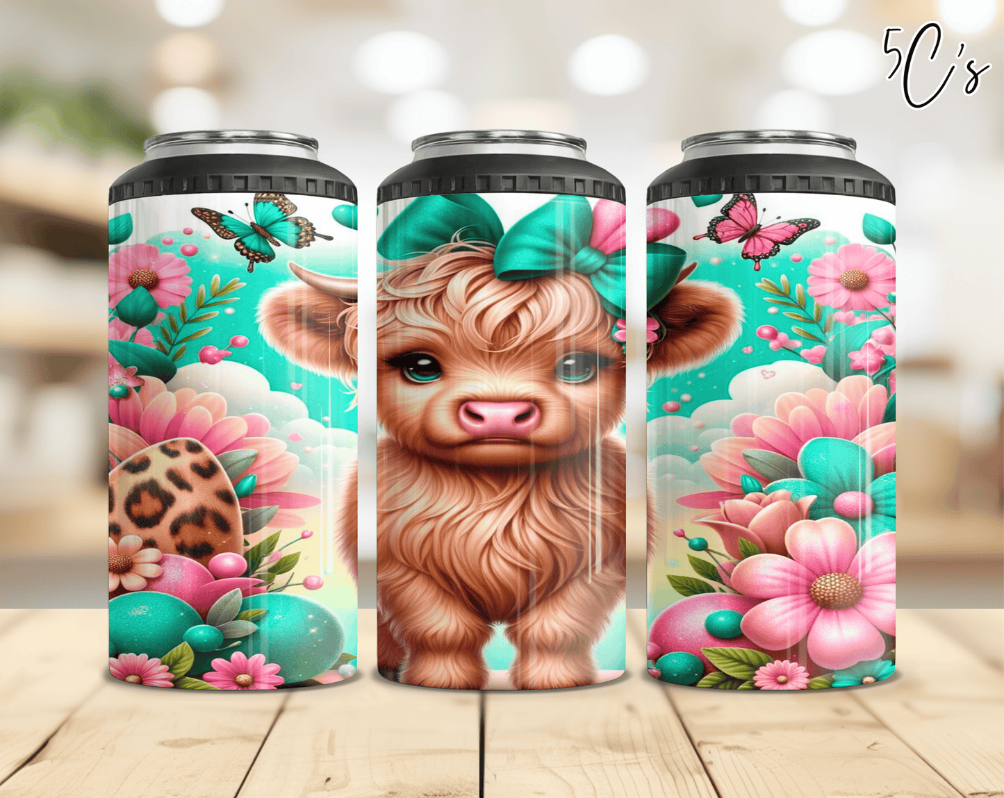 Floral Baby Highland Cow Can Cooler