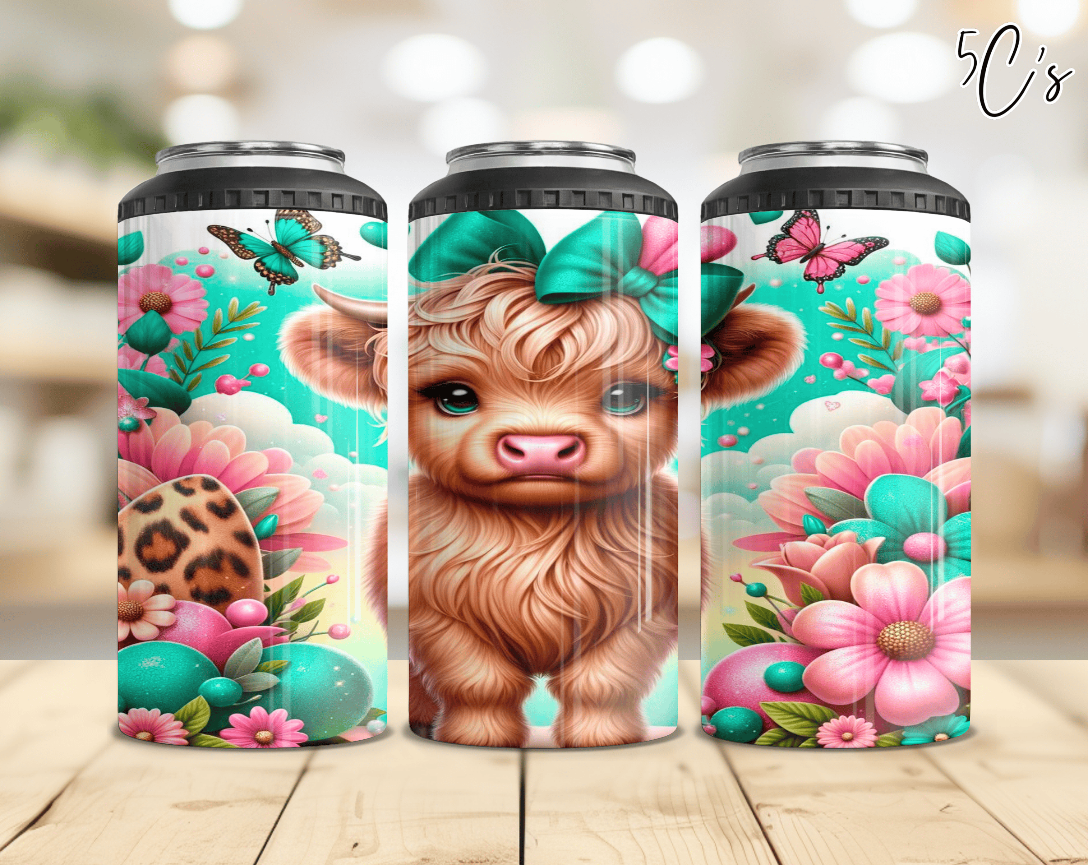 Floral Baby Highland Cow Can Cooler