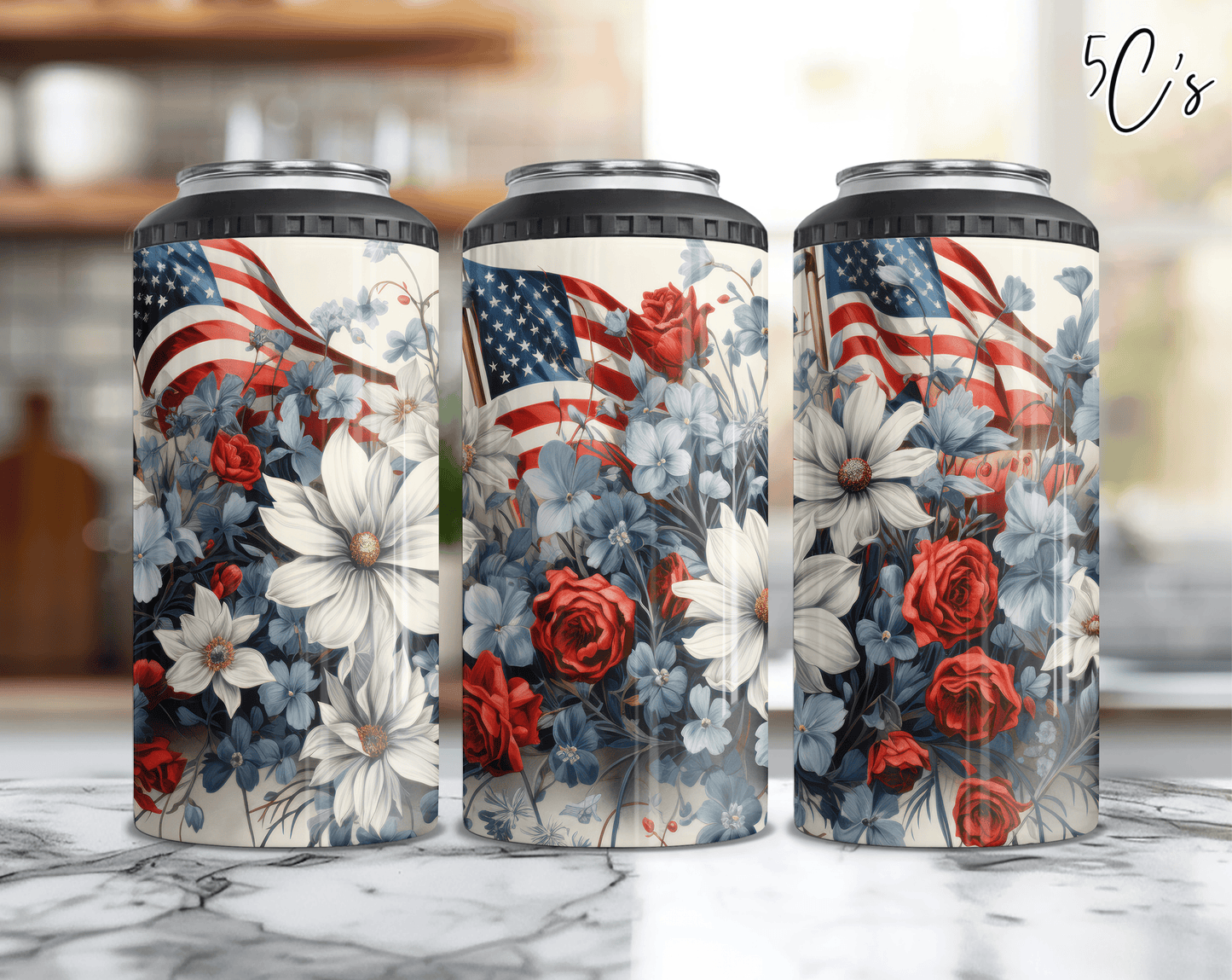 Patriotic Flags & Flowers Can Cooler