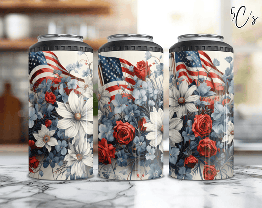 Patriotic Flags & Flowers Can Cooler