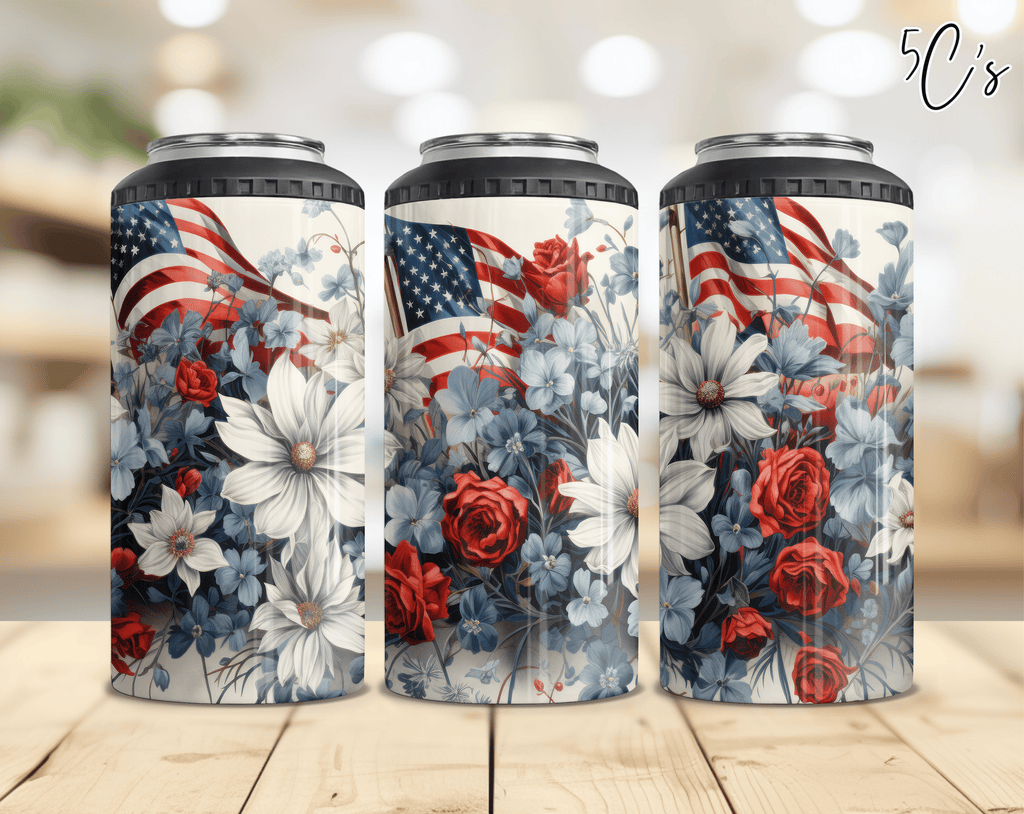 Patriotic Flags & Flowers Can Cooler