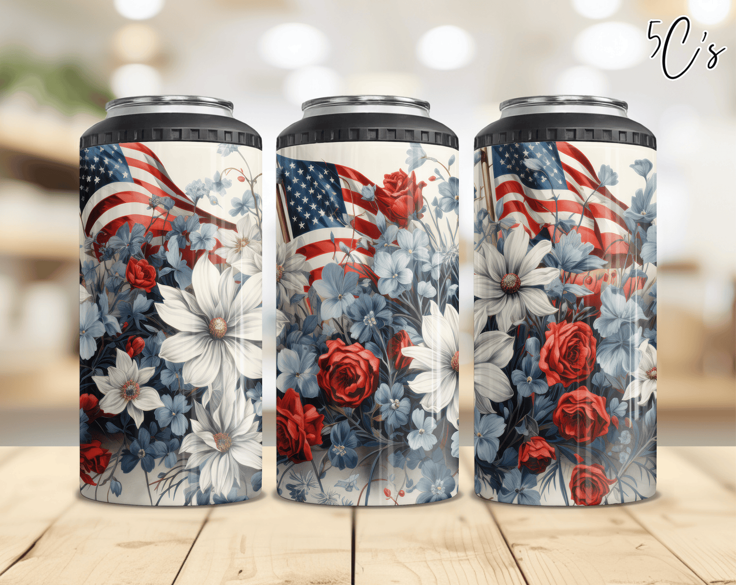 Patriotic Flags & Flowers Can Cooler