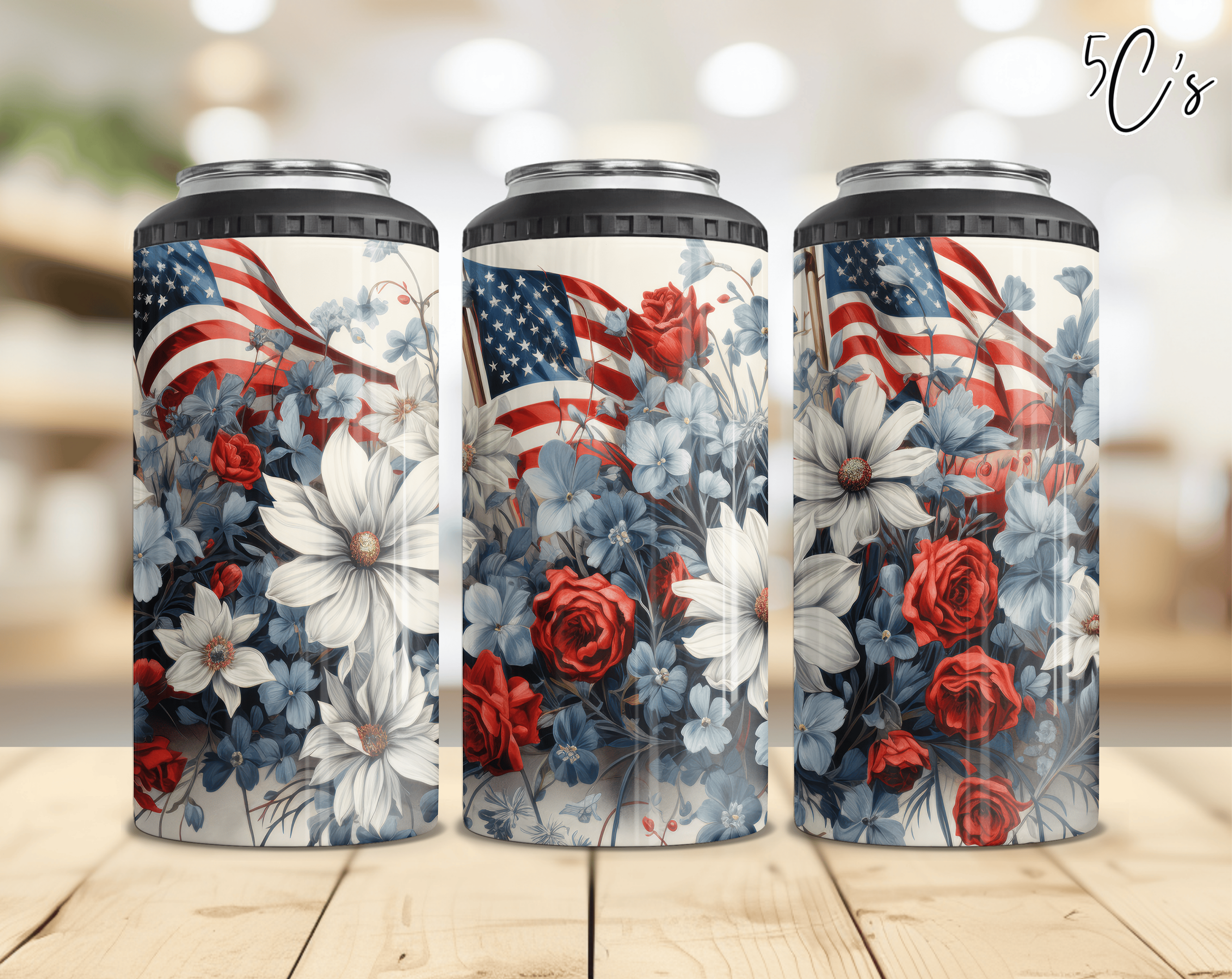 Patriotic Flags & Flowers Can Cooler