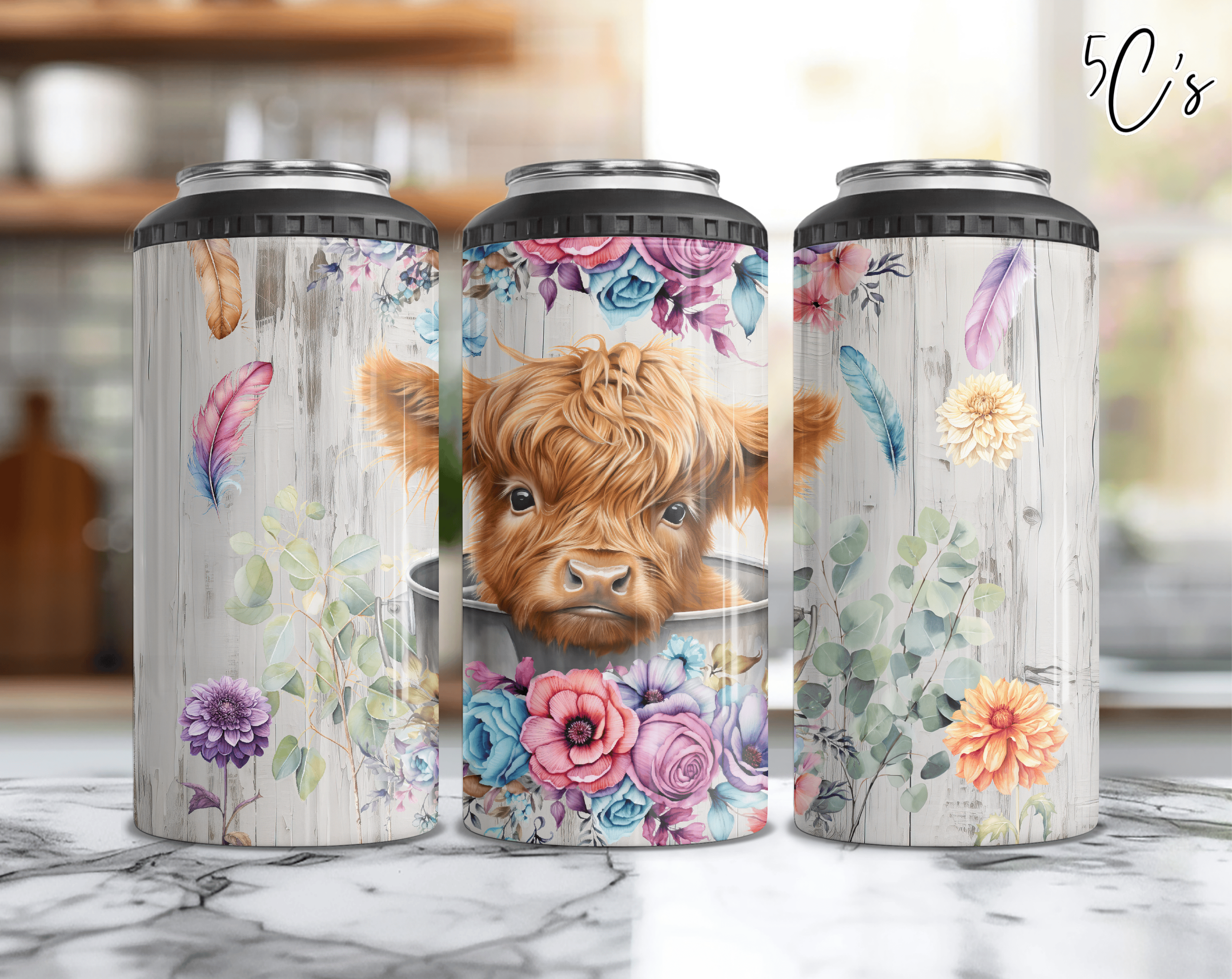 Baby Highland Cow Boho Flowers Can Cooler