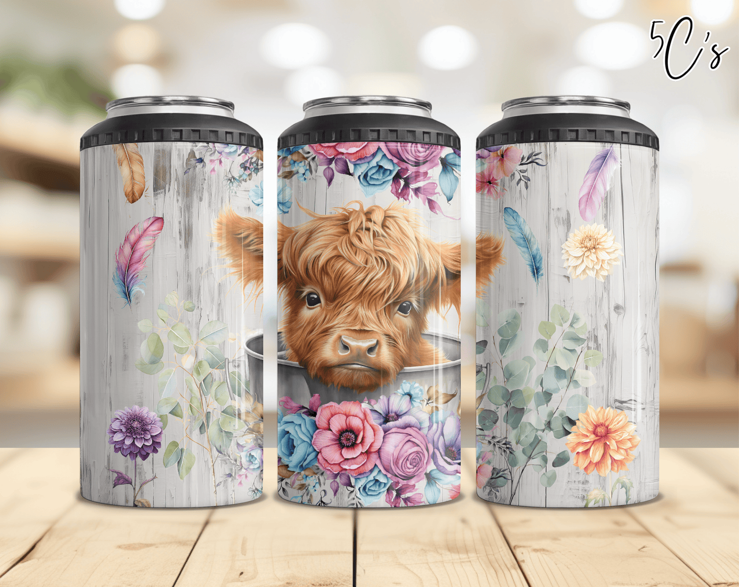 Baby Highland Cow Boho Flowers Can Cooler