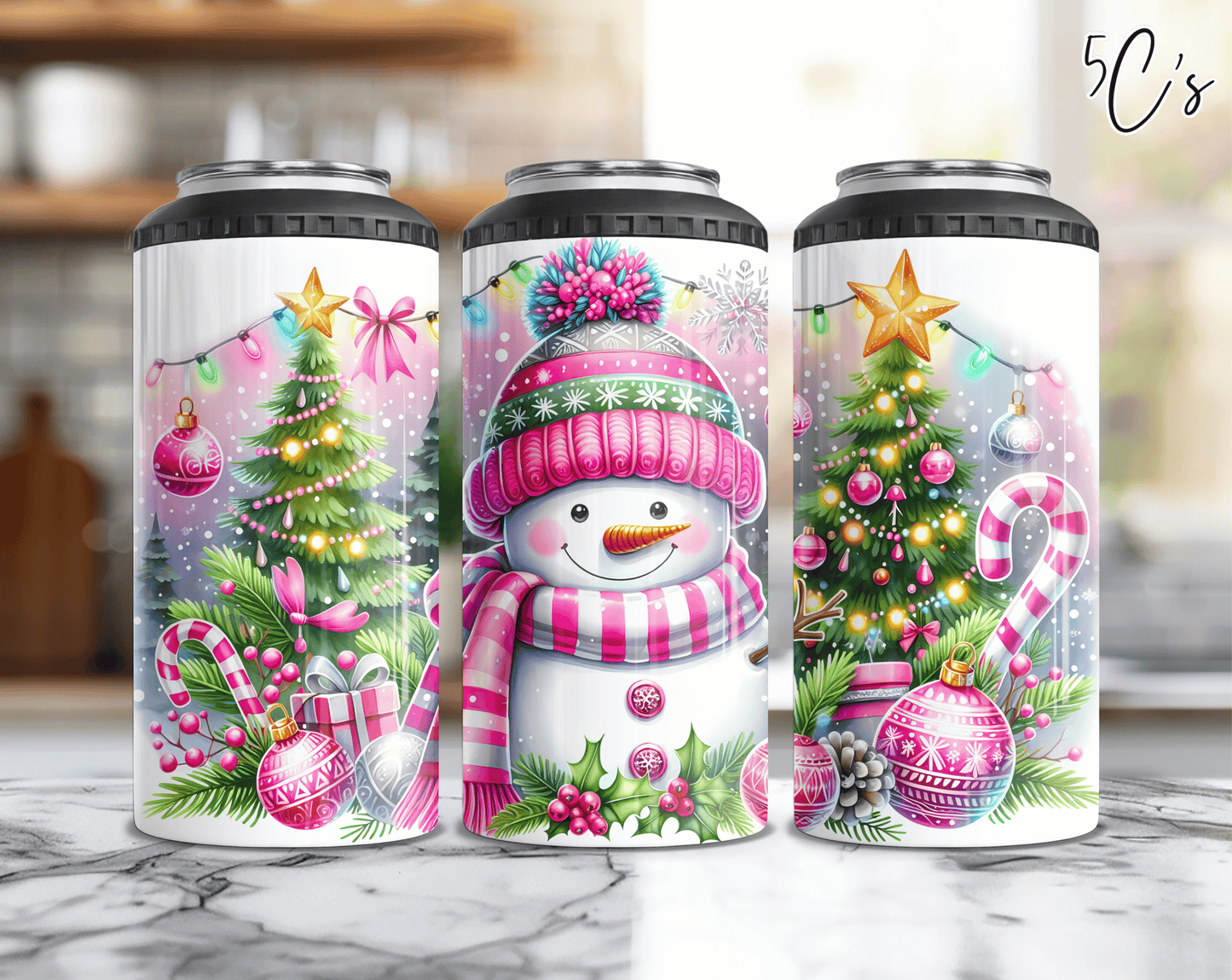 Christmas Snowman Pink Can Cooler