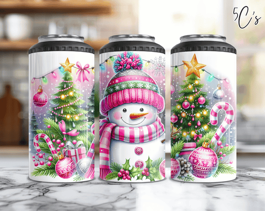 Christmas Snowman Pink Can Cooler