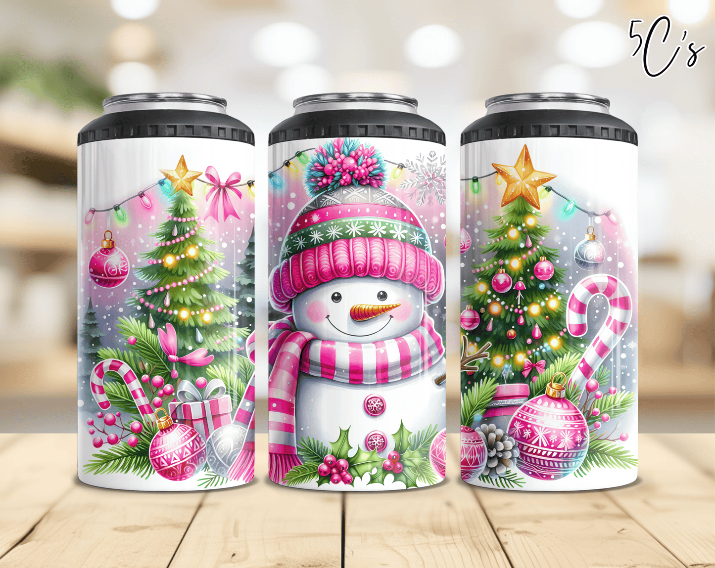 Christmas Snowman Pink Can Cooler